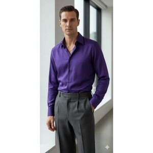 Vintage 100% Silk Shirt Men's Made in Hong Kong Elegante Purple L 16-16.5 35